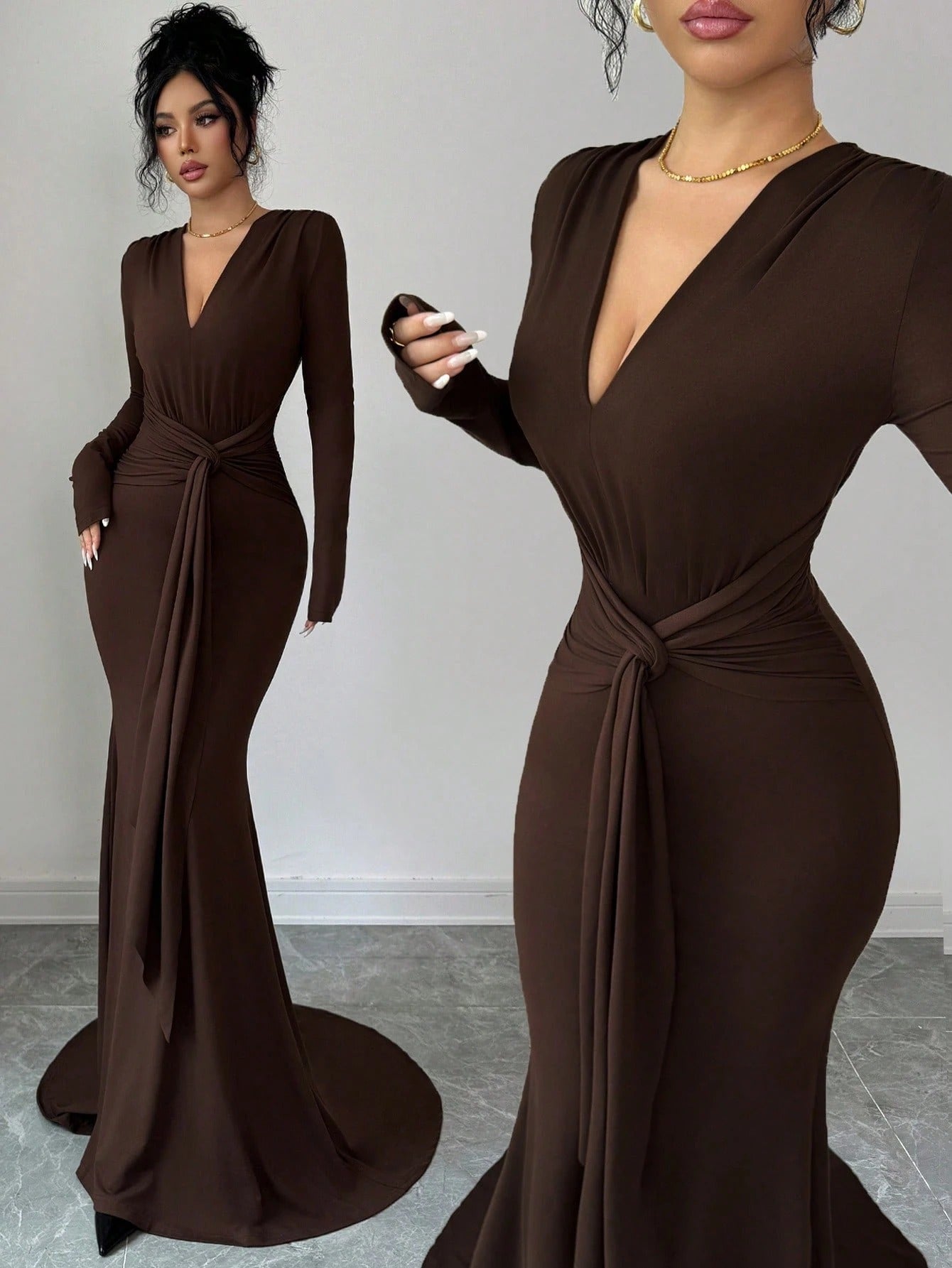 SHEIN Raffinéa فستان سهرة طويل بأكمام ذيل حورية البحر