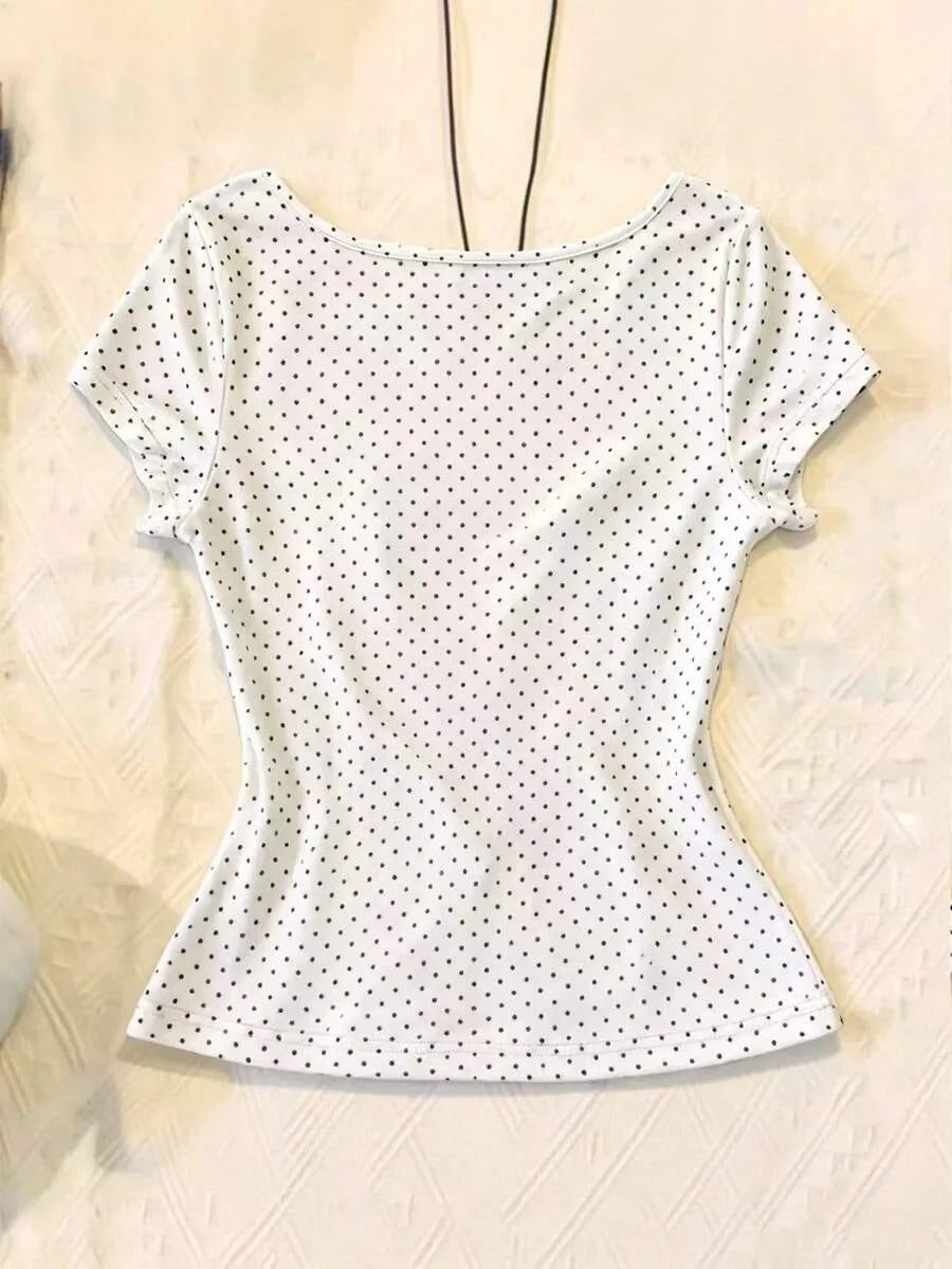 SHEIN IslaSuriya قميص  نسائي بطبعة نقاط وربطة أمامية