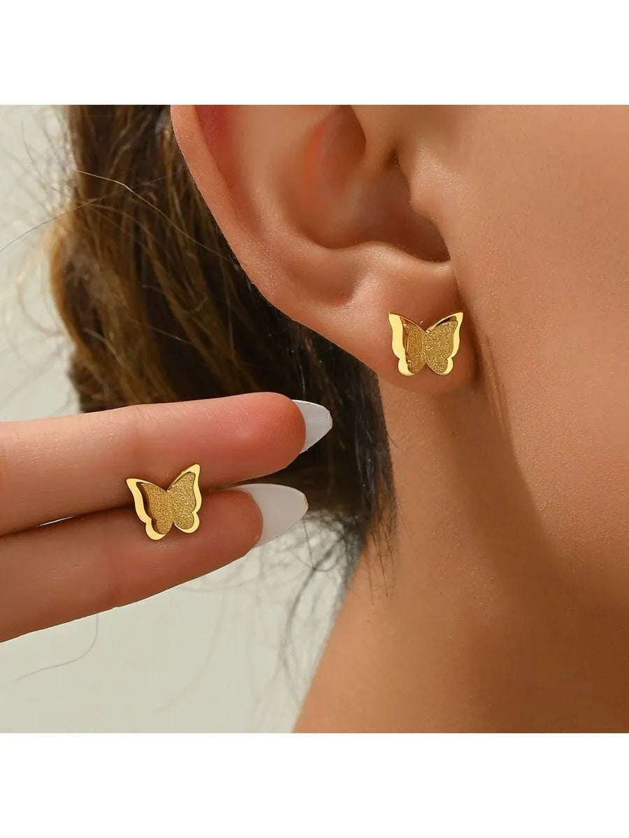 SHEIN MONALLY أقراط فراشة مزدوجة نسائية مطلية بذهب 18 قيراط بلون ذهبي