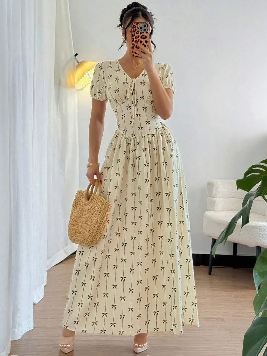 SHEIN فستان ماكسي بياقة عميقة وأكمام قصيرة وخصر ملفوف بلون مشمشي