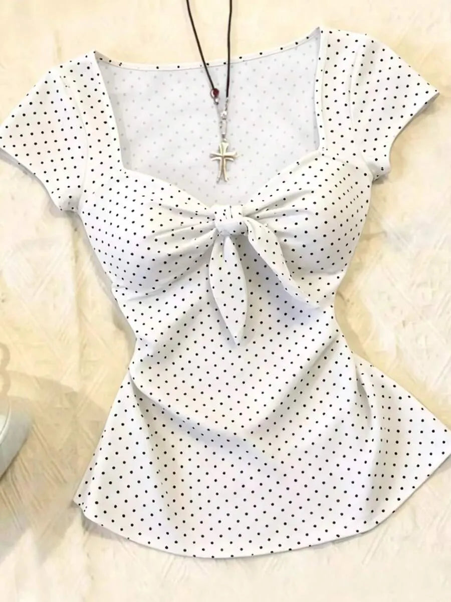 SHEIN IslaSuriya قميص  نسائي بطبعة نقاط وربطة أمامية