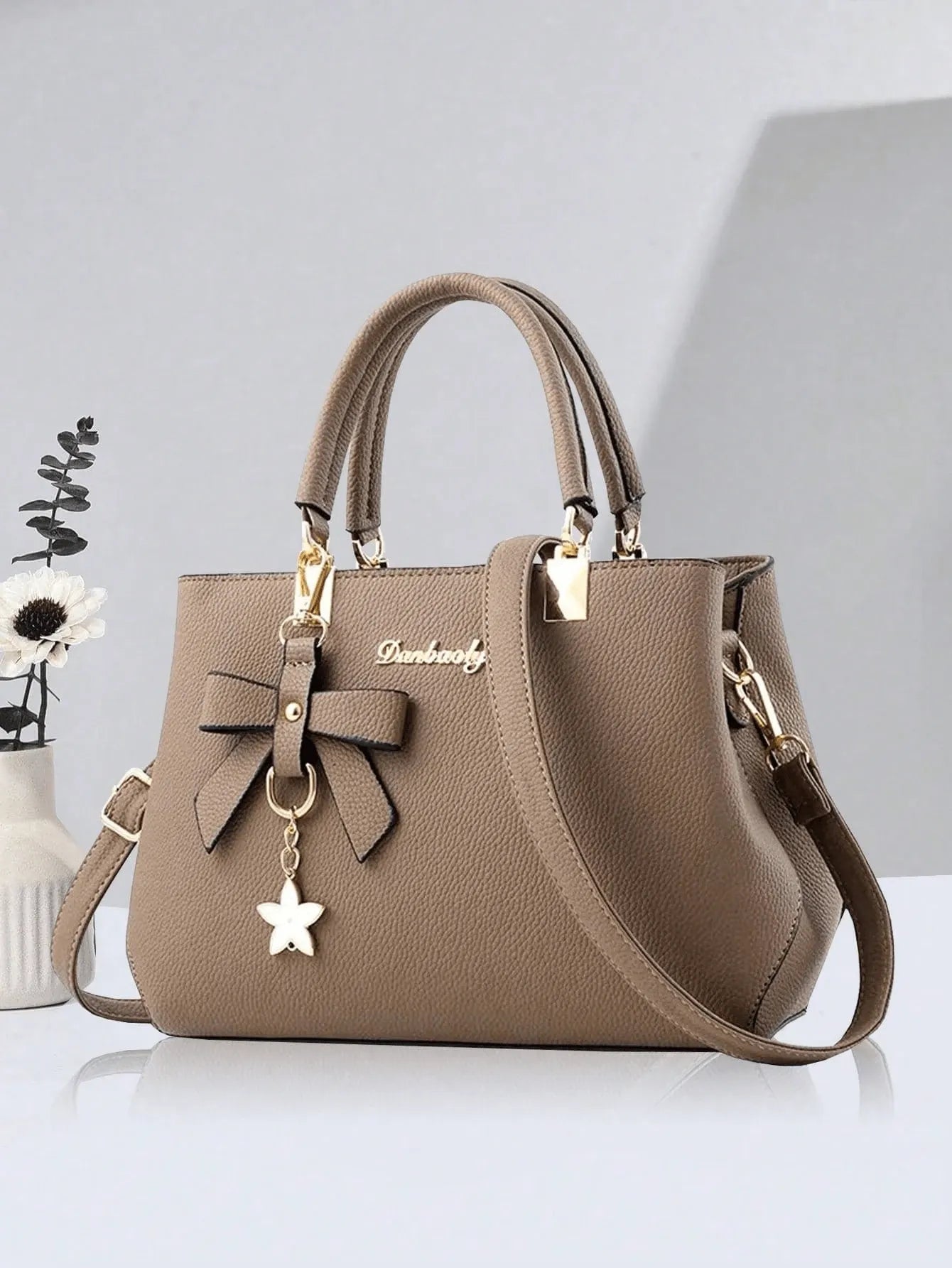 SHEIN طقم حقيبة وحافظة نقود نسائية من البولي يوريثان بلون سادة مع فيونكة وسحاب