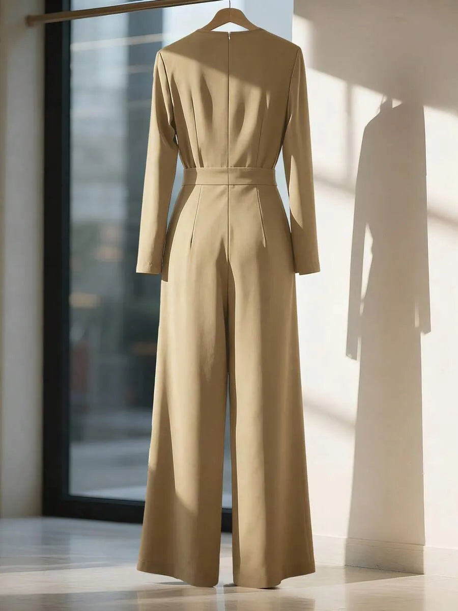 SHEIN Franclia جمبسوت نسائي بأزرار ورباط خلفي وساق واسعة بلون كاكي