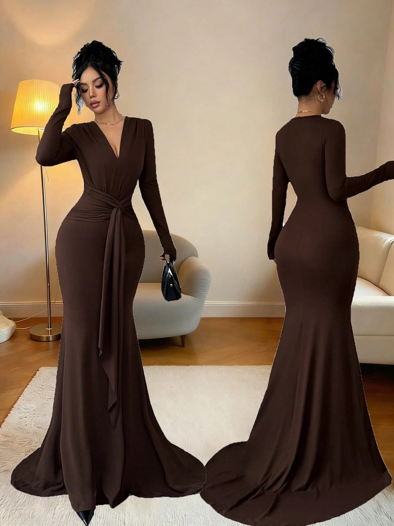 SHEIN Raffinéa فستان سهرة طويل بأكمام ذيل حورية البحر