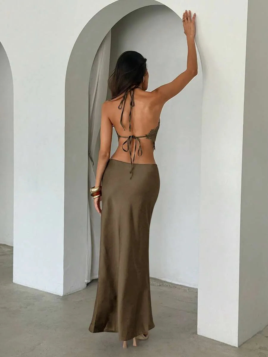 SHEIN Aloruh طقم قطعتين بلون بني توب قصير وتنورة ماكسي بقصة ضيقة