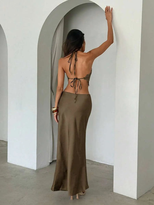 SHEIN Aloruh طقم قطعتين بلون بني توب قصير وتنورة ماكسي بقصة ضيقة