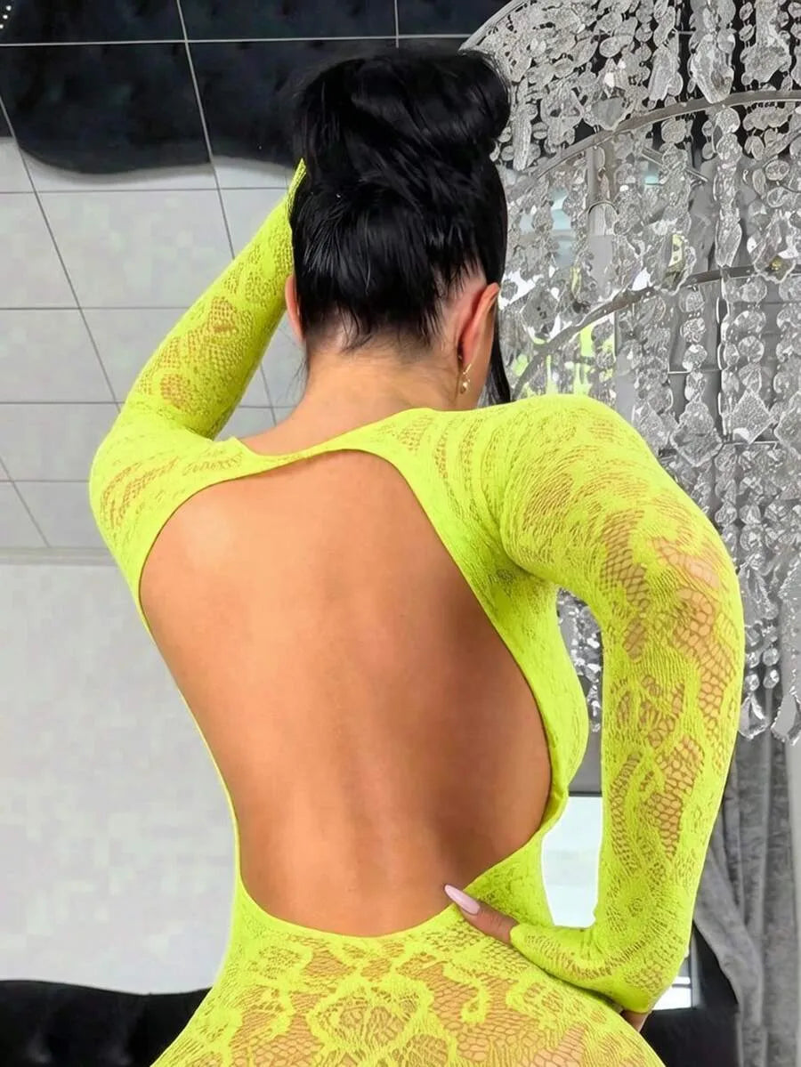 SHEIN ChaseTheNight ملابس داخلية نسائية شبكية مفرغة بخصر عالٍ وحمالات قابلة للتعديل بلون أخضر