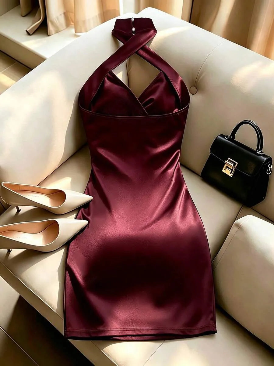 SHEIN Franclia فستان بلون عنابي اللون قصير برسن وثنيات وبدون أكمام
