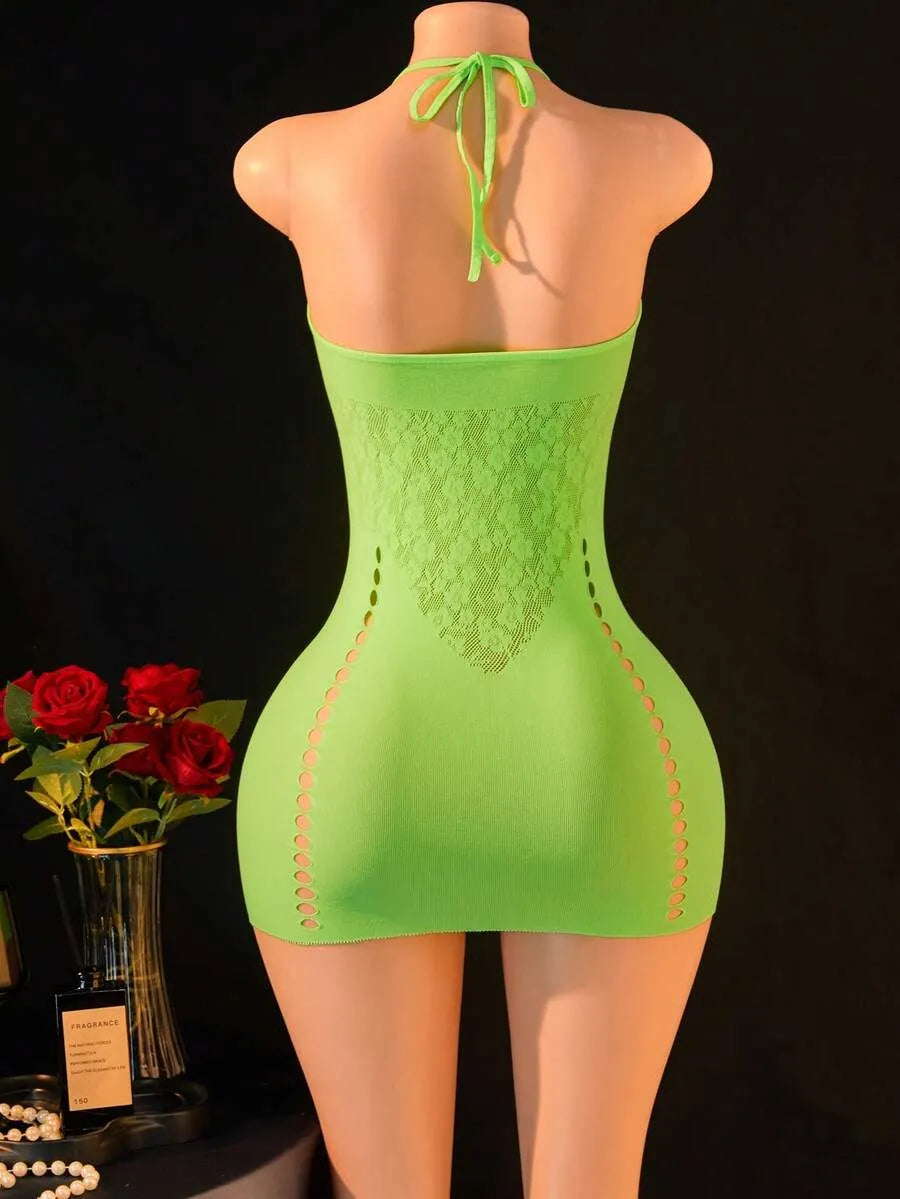 SHEIN فستان لانجري نسائي قصير شفاف برقبة هالتر وخصر متوسط بلون أخضر