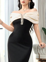 SHEIN Feyla فستان أسود بتصميم كتف مكشوف مزين بالراين