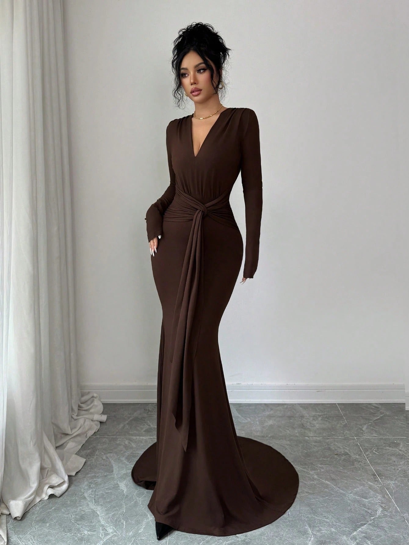 SHEIN Raffinéa فستان سهرة طويل بأكمام ذيل حورية البحر