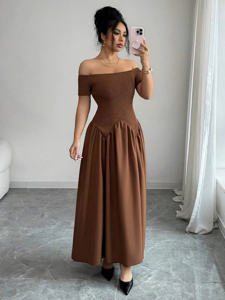 SHEIN Selianne فستان بني أنيق بكتف مكشوف وخصر مربوط وذيل مجعد