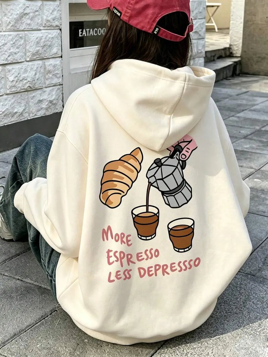 SHEIN هودي نسائي بطبعة كرواسون وإسبريسو بلون مشمشي