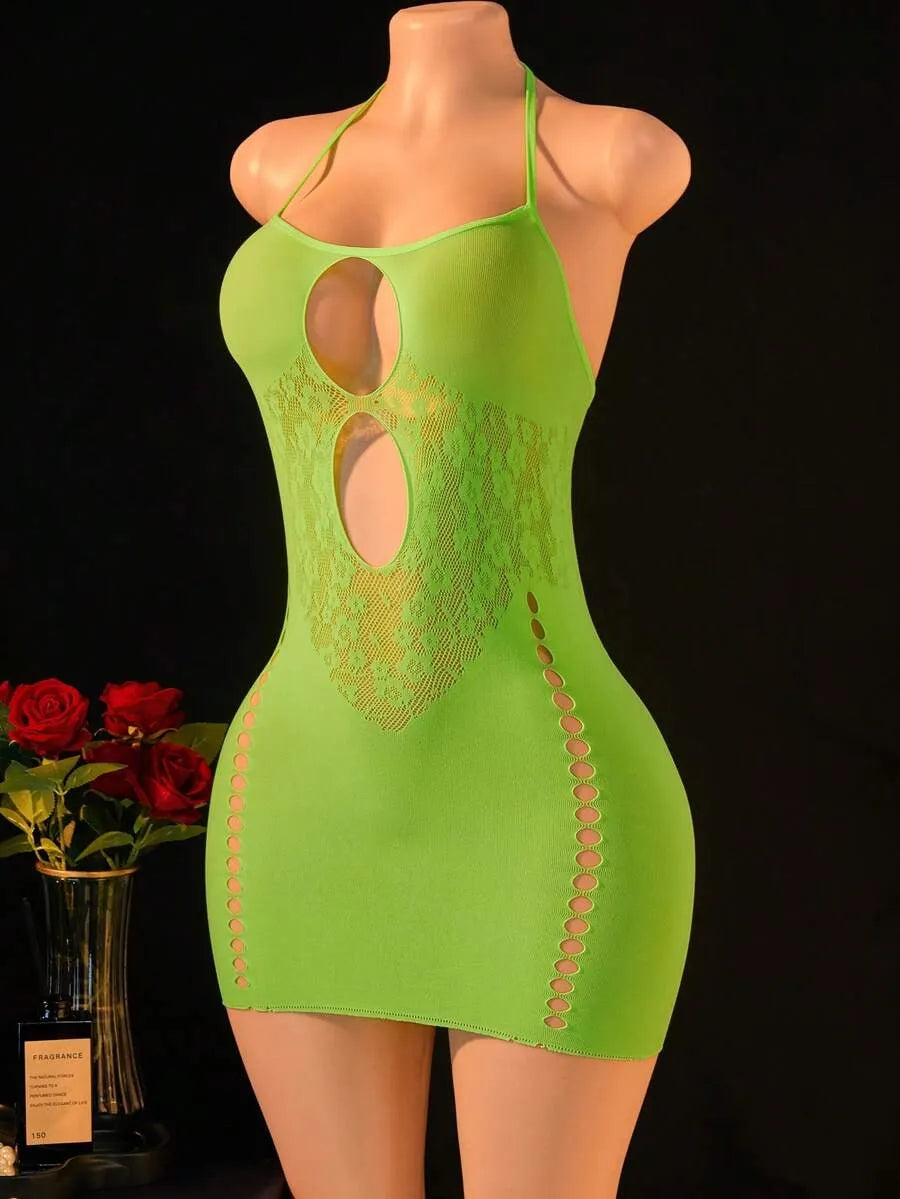 SHEIN فستان لانجري نسائي قصير شفاف برقبة هالتر وخصر متوسط بلون أخضر