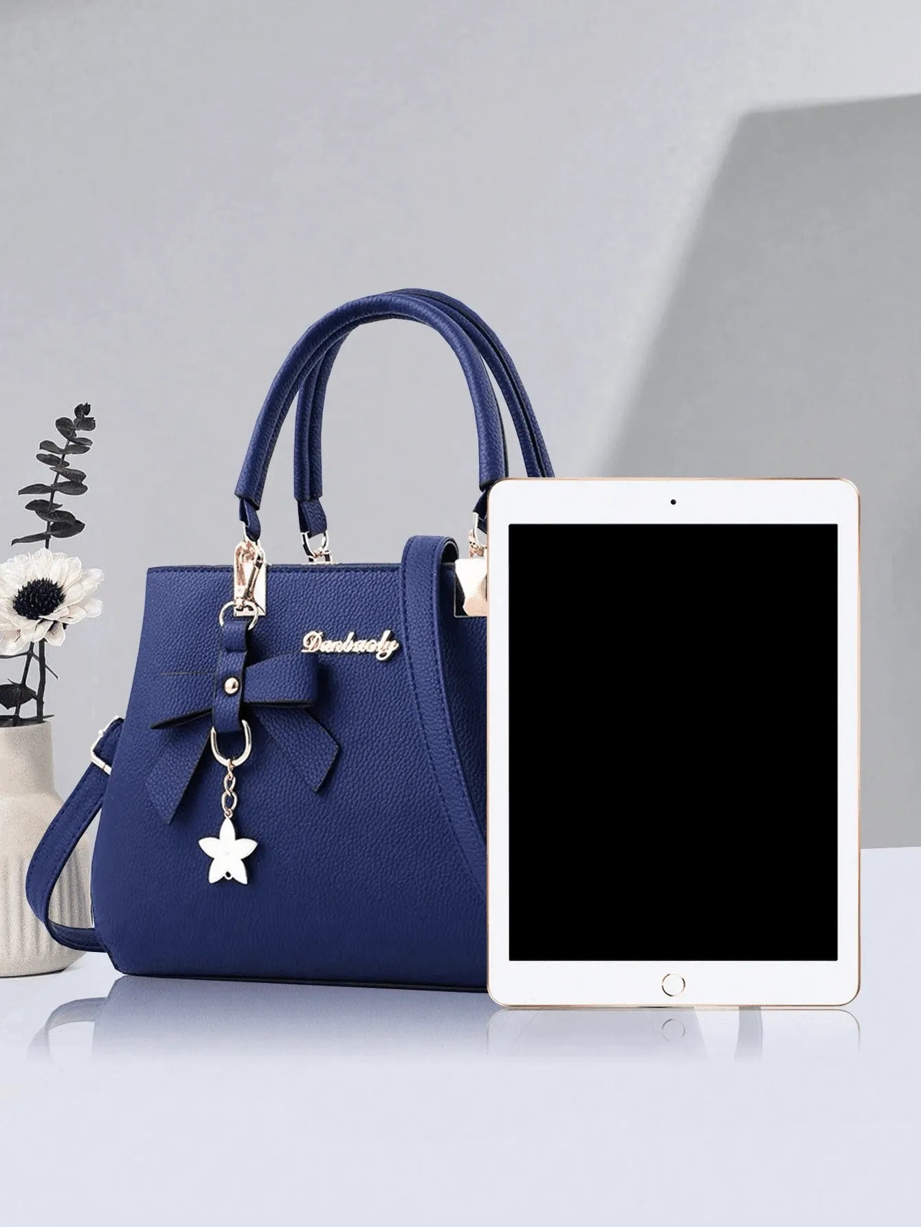 SHEIN طقم حقيبة وحافظة نقود نسائية من البولي يوريثان بلون سادة مع فيونكة وسحاب