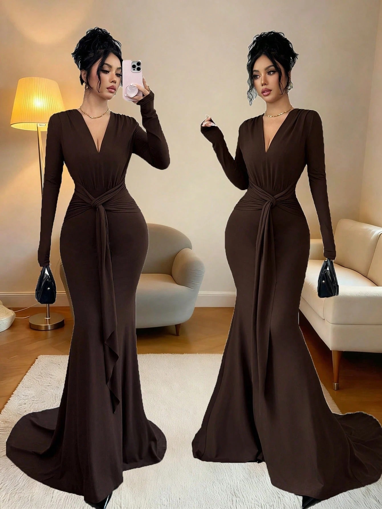 SHEIN Raffinéa فستان سهرة طويل بأكمام ذيل حورية البحر