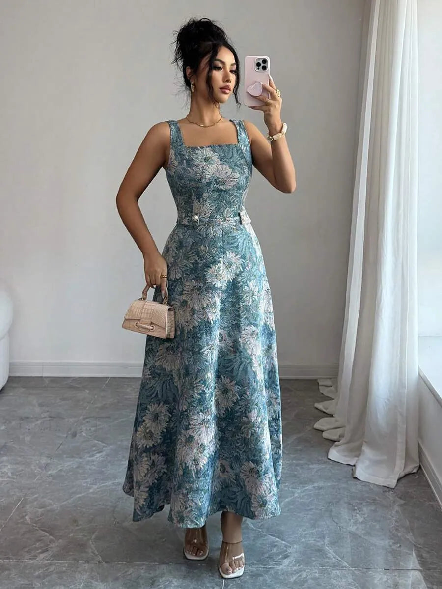 SHEIN Elenzga فستان مزهر بياقة مربعة وخصر مشدود بقصة صيفي