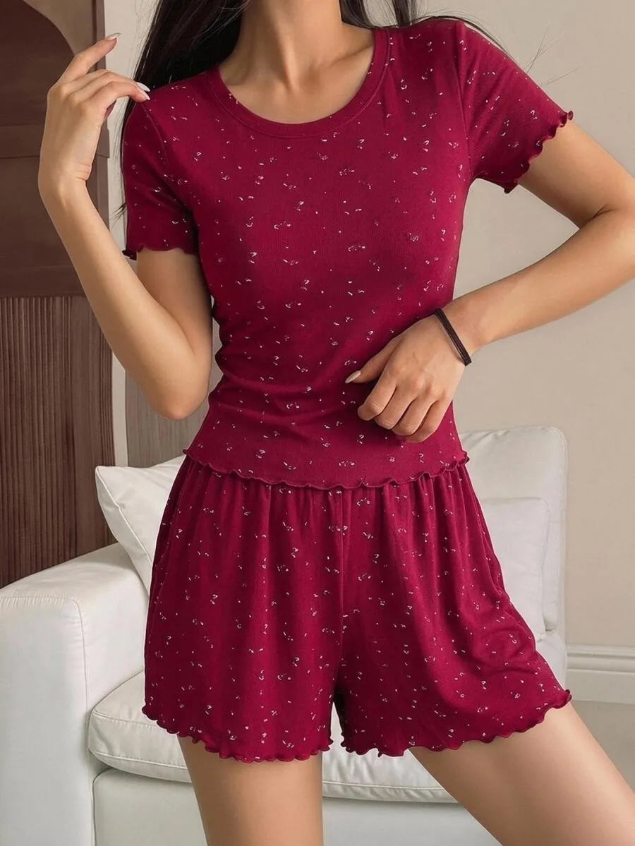 SHEIN DAZY طقم قطعتين بيجاما بحافة متموجة بلون عنابي