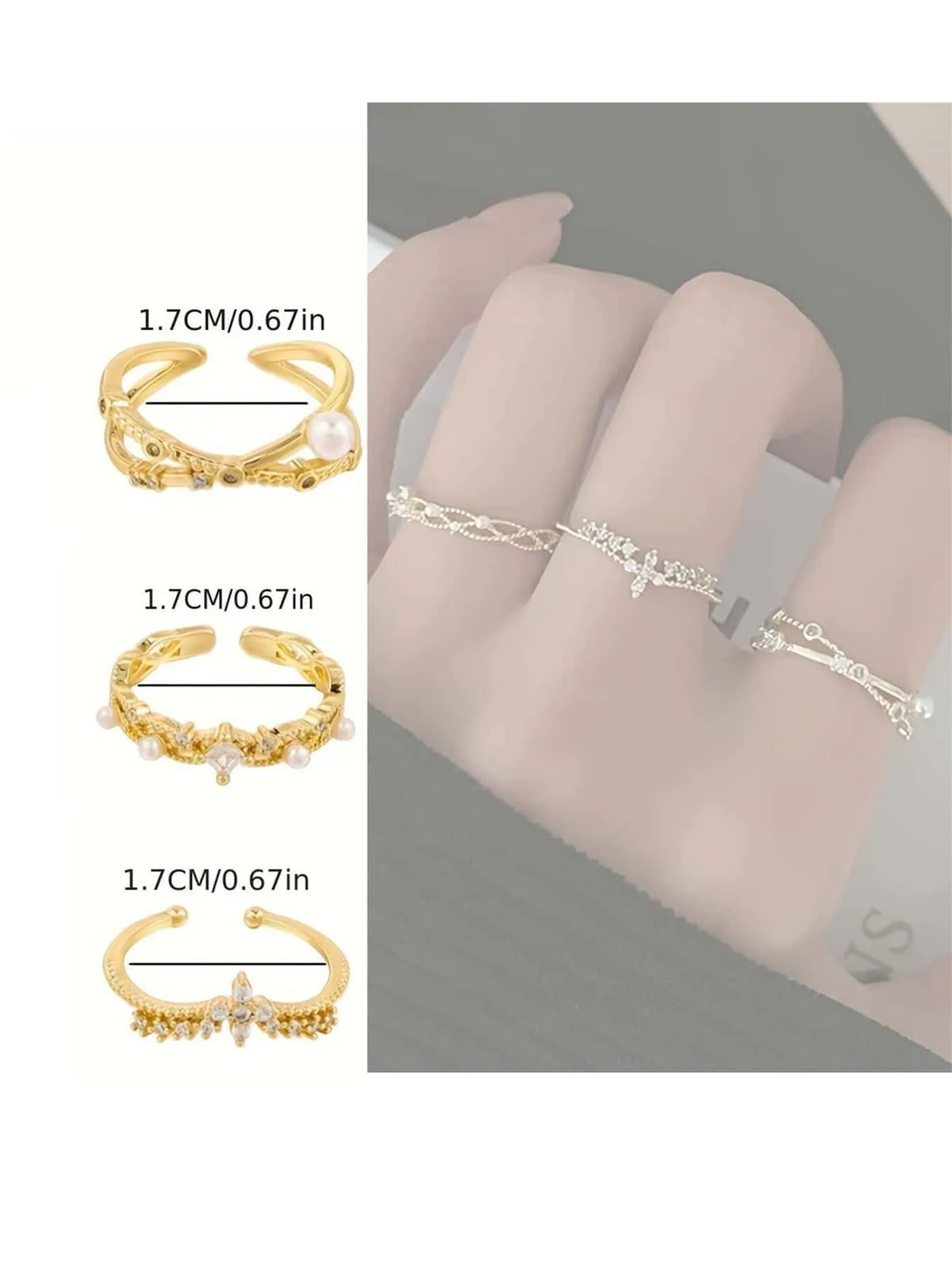 SHEIN مجموعة 3 خواتم نسائية بتصميم تاج متقاطع مزينة باللؤلؤ والزركونيا بلون ذهبي أصفر