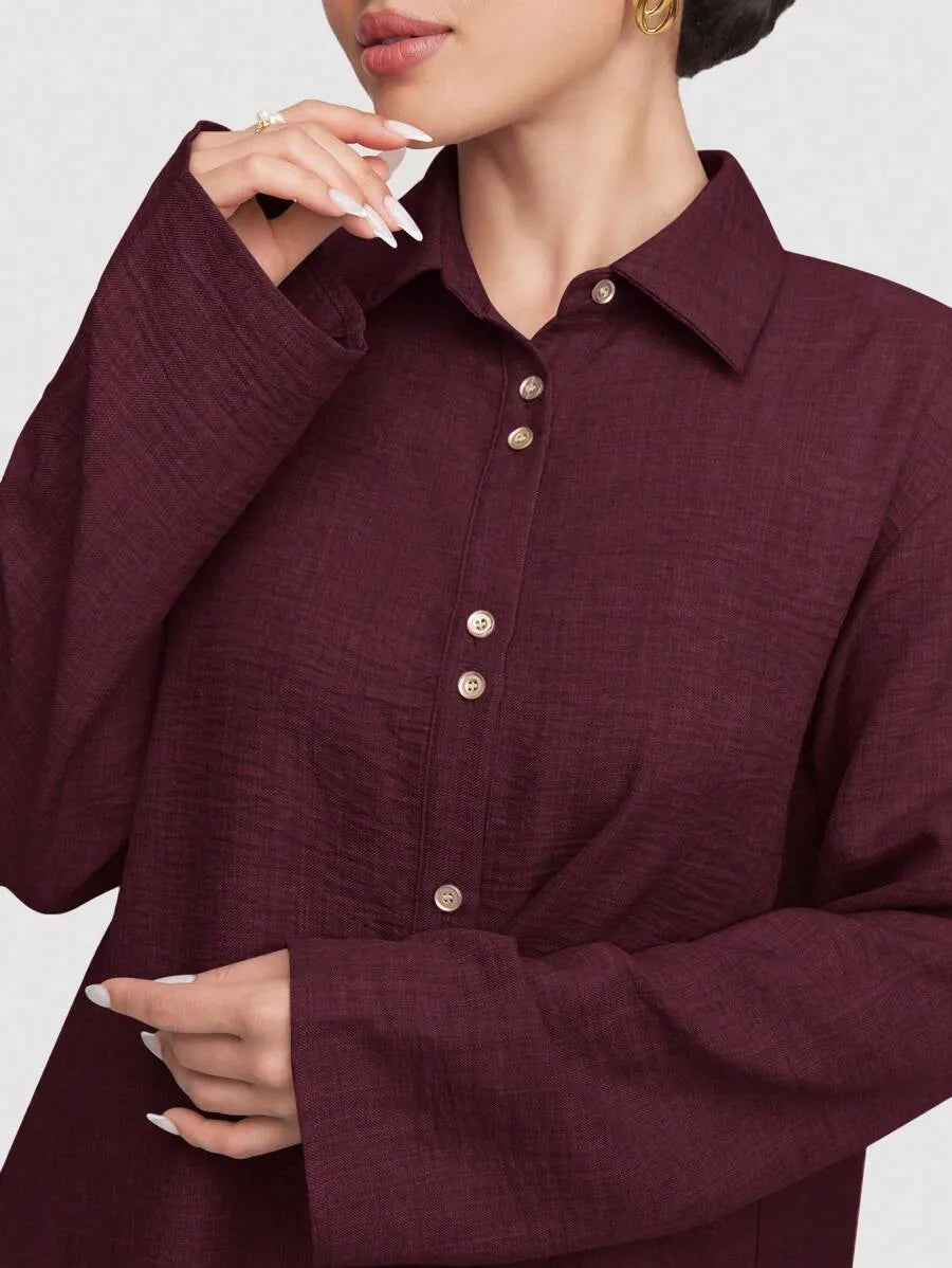 SHEIN Veilorie طقم نسائي قطعتين بلوزة بياقة قميص وبنطال طويل بلون عنابي