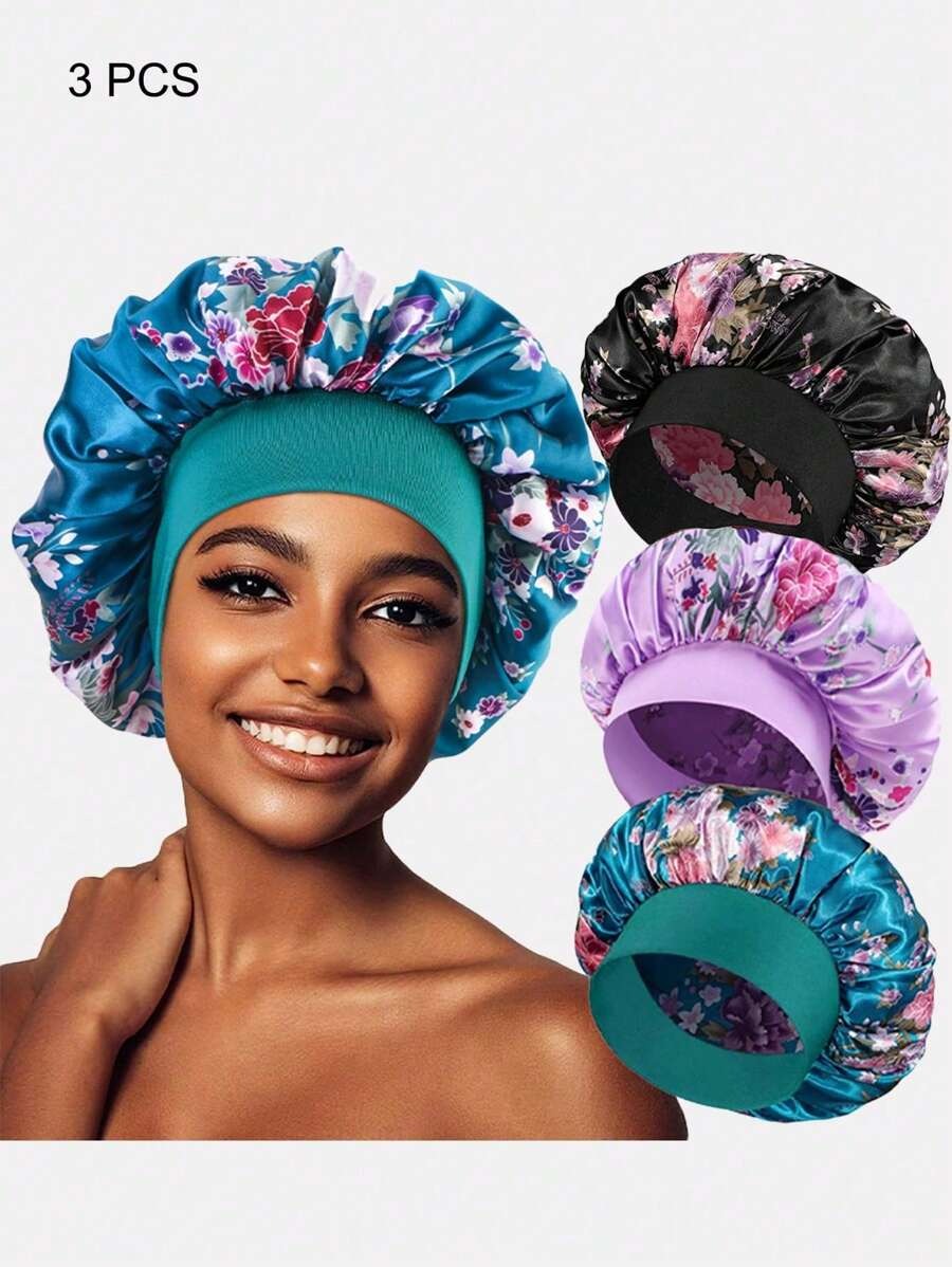 SHEIN  طقم 3 قبعات نوم ساتان أنيقة