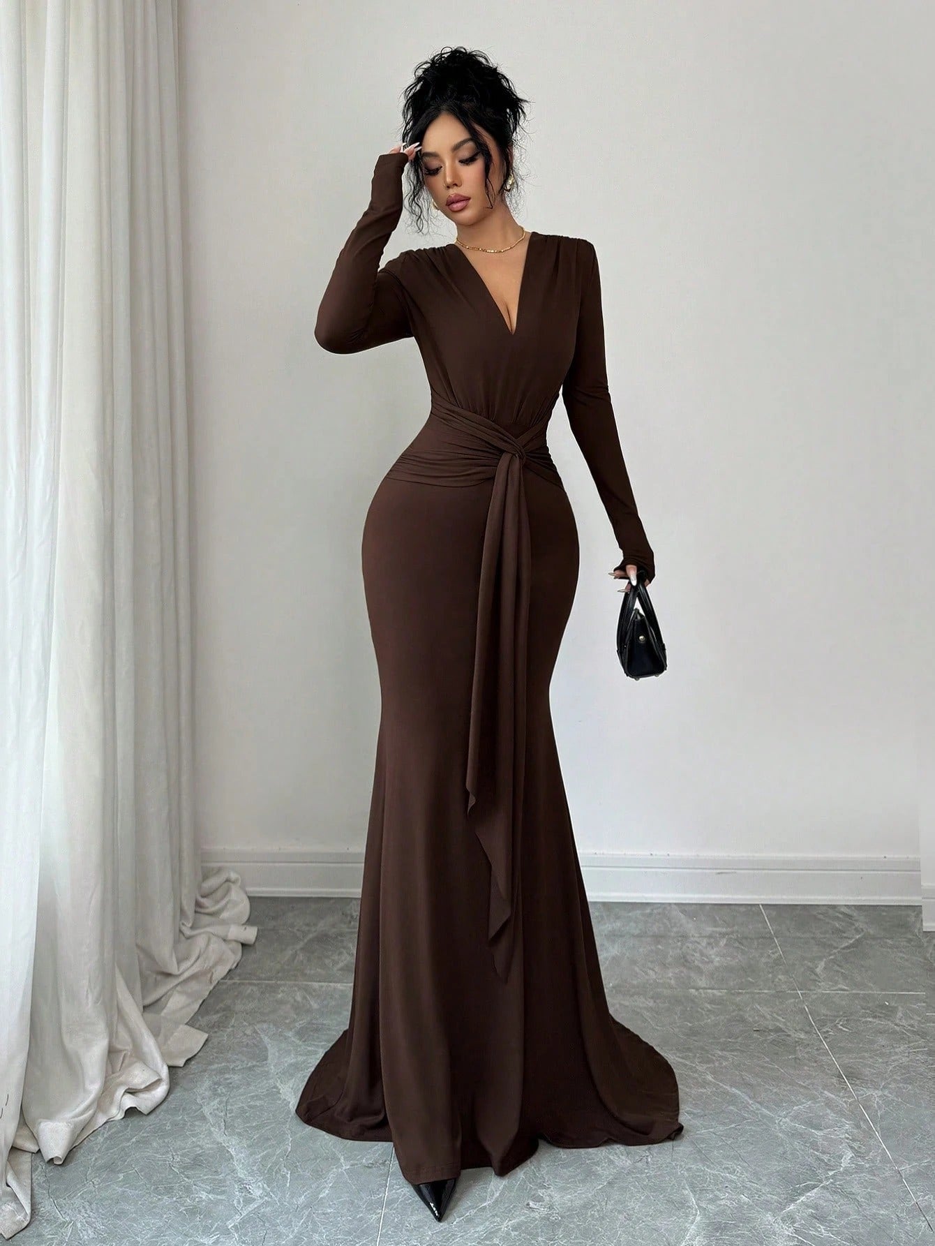SHEIN Raffinéa فستان سهرة طويل بأكمام ذيل حورية البحر