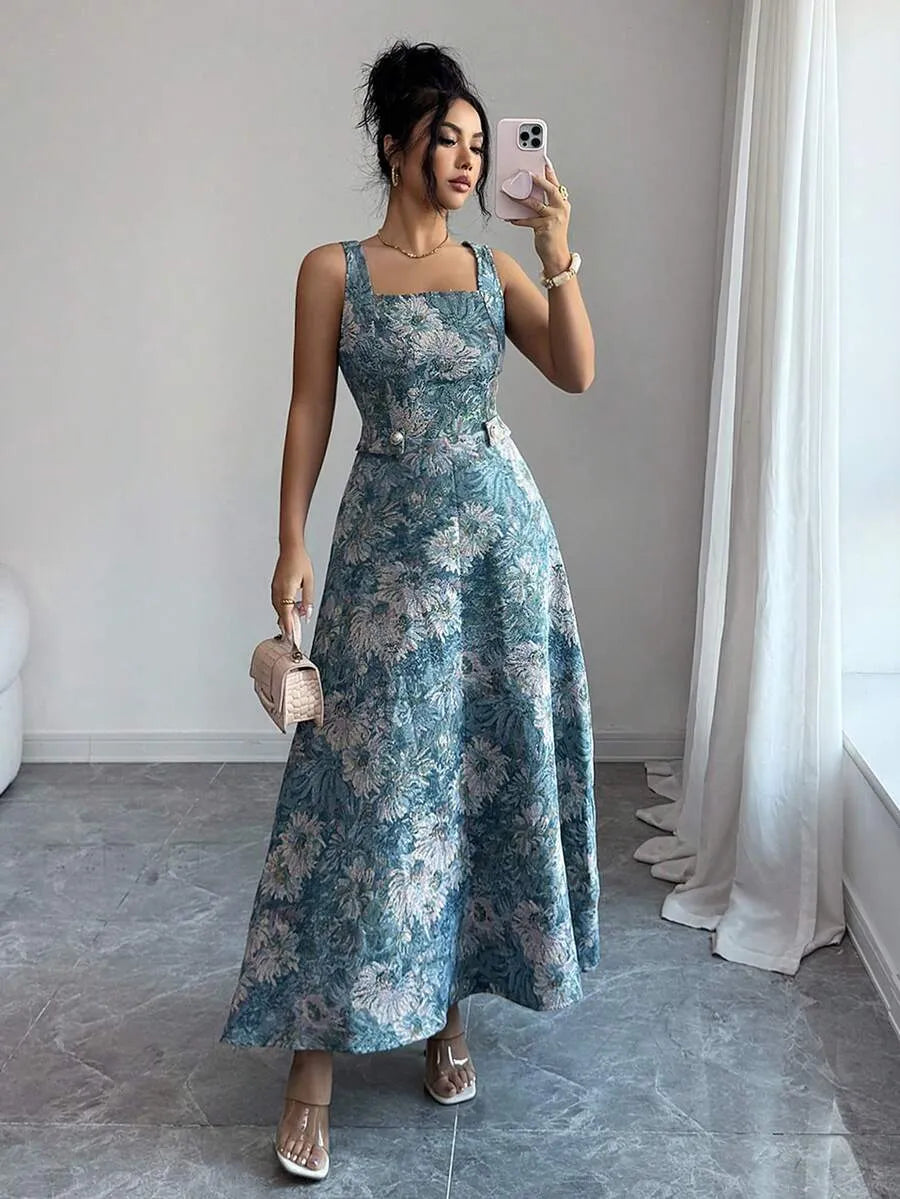 SHEIN Elenzga فستان مزهر بياقة مربعة وخصر مشدود بقصة صيفي