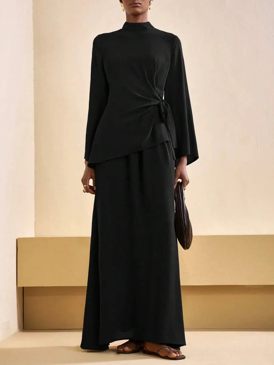 SHEIN Zivah طقم نسائي قطعتين بلوزة بياقة وتنورة طويلة بلون الأسود