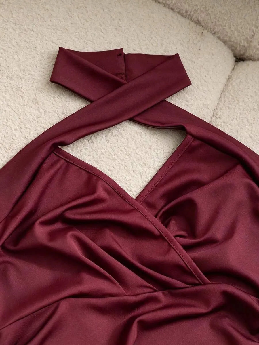 SHEIN Franclia فستان بلون عنابي اللون قصير برسن وثنيات وبدون أكمام