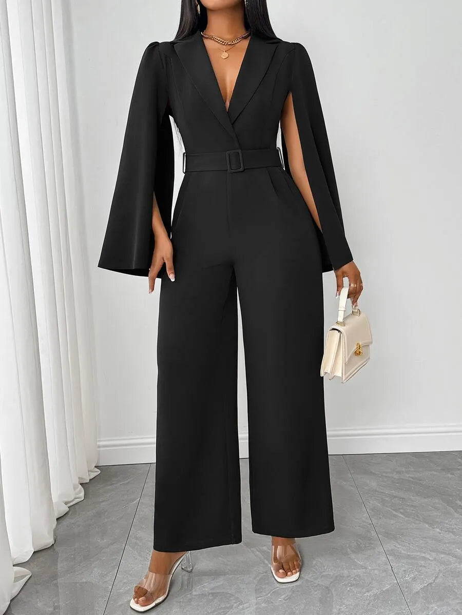 SHEIN Rafferiza جمبسوت نسائي بتصميم ملتف وياقة وخصر عالٍ بلون الأسود