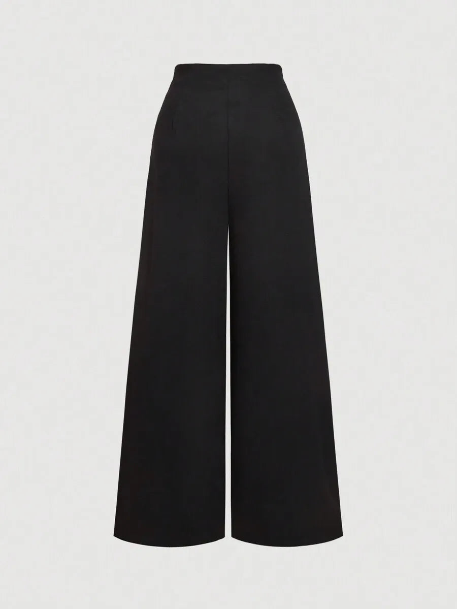 SHEIN MOD بنطلون نسائي بخصر عالٍ جداً وثنيات وساق واسعة بلون أسود