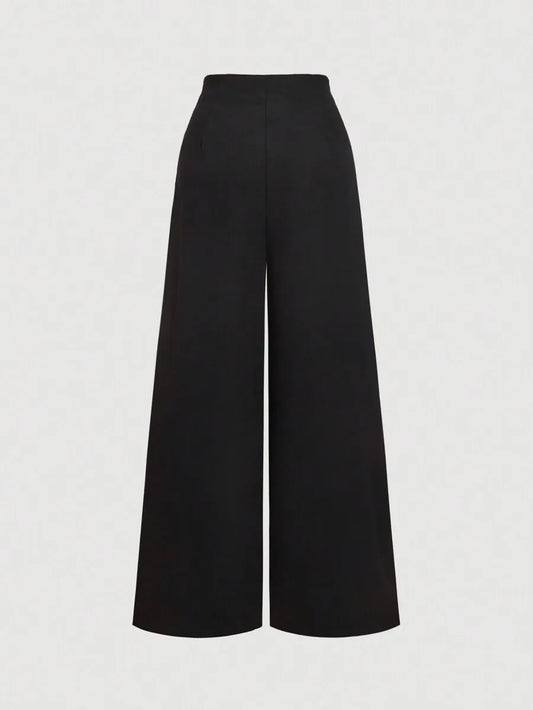 SHEIN MOD بنطلون نسائي بخصر عالٍ جداً وثنيات وساق واسعة بلون أسود