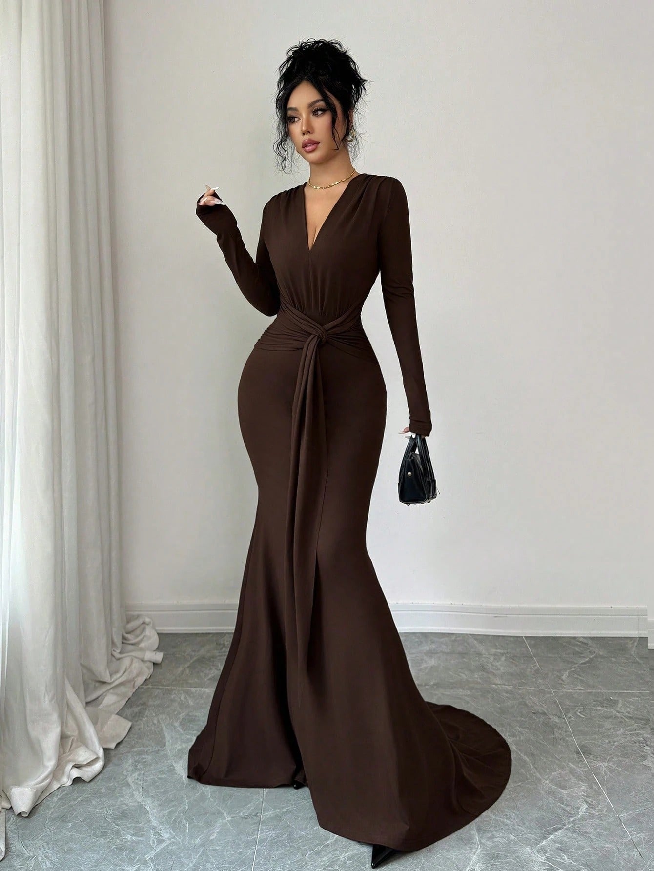 SHEIN Raffinéa فستان سهرة طويل بأكمام ذيل حورية البحر