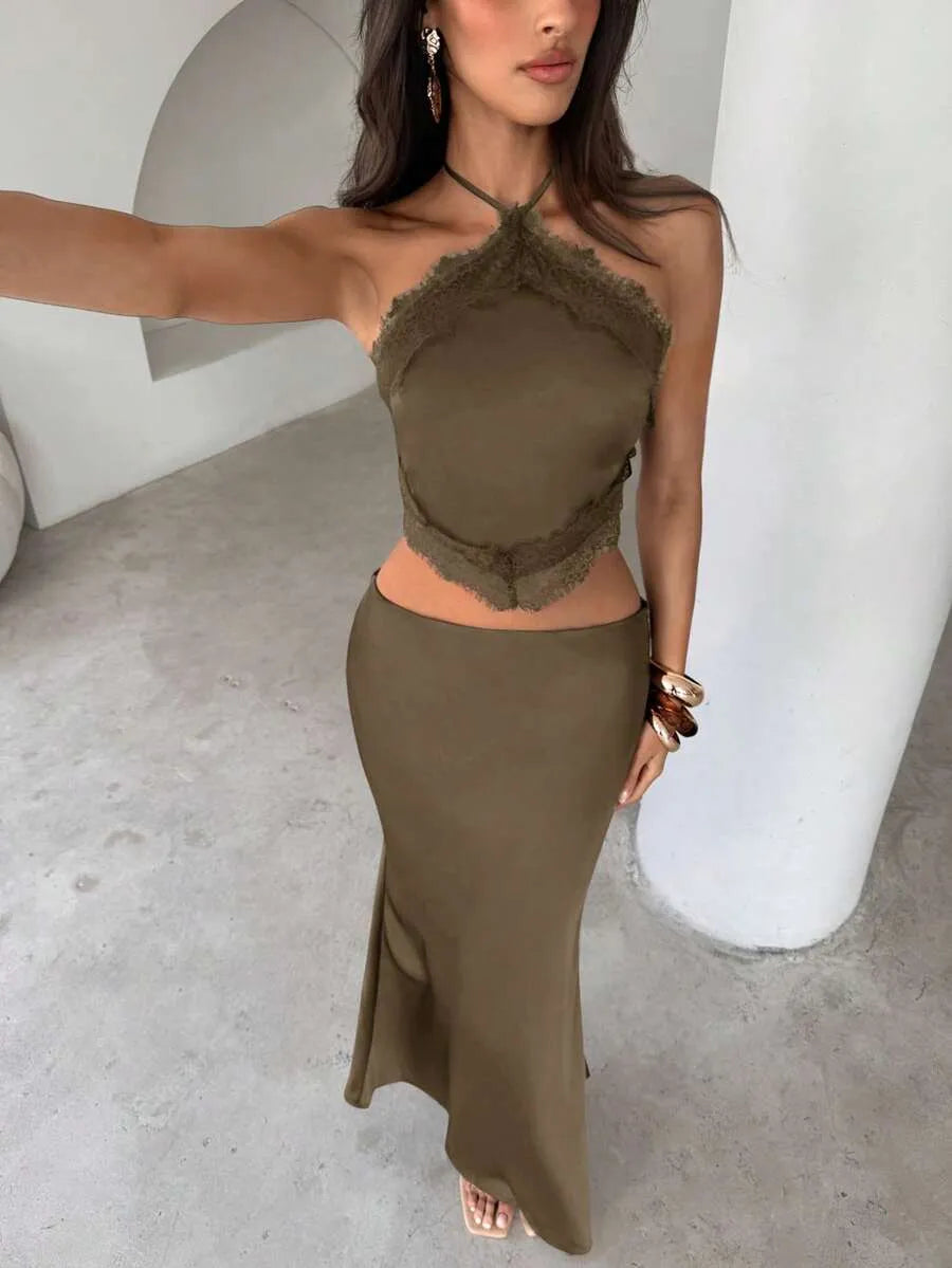 SHEIN Aloruh طقم قطعتين بلون بني توب قصير وتنورة ماكسي بقصة ضيقة