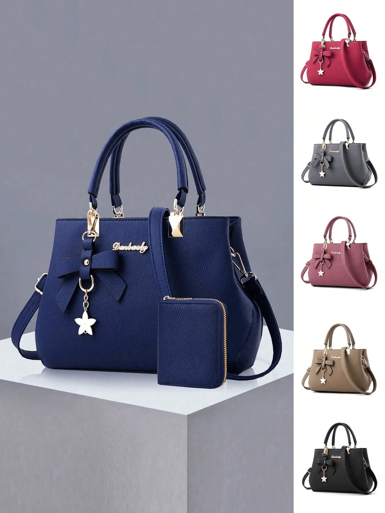 SHEIN طقم حقيبة وحافظة نقود نسائية من البولي يوريثان بلون سادة مع فيونكة وسحاب