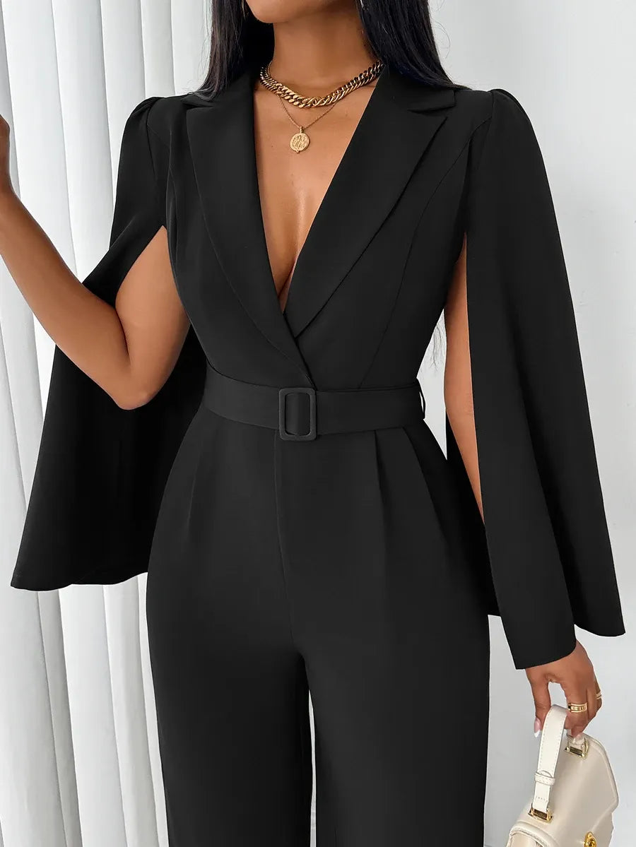 SHEIN Rafferiza جمبسوت نسائي بتصميم ملتف وياقة وخصر عالٍ بلون الأسود