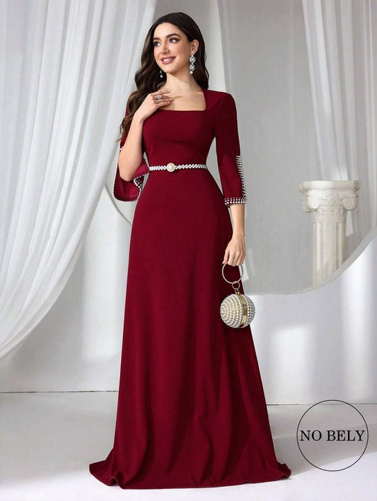 SHEIN فستان ماكسي أنيق عنابي أنيق مطرز بستايل راقي