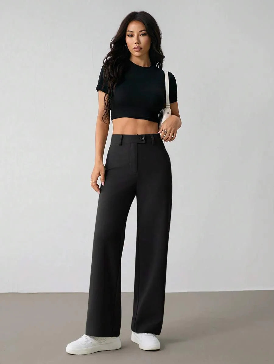 SHEIN PETITE بنطلون بلون الأسود طويل واسع الساق بخصر عالي