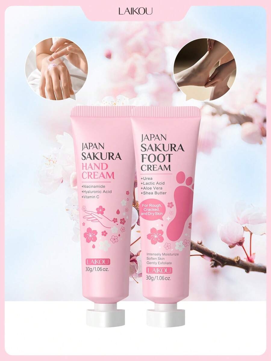 LAIKOU مجموعة كريم يد وقدم 2 قطعة بزهر الكرز مرطب ومغذي ومضاد للتجاعيد
