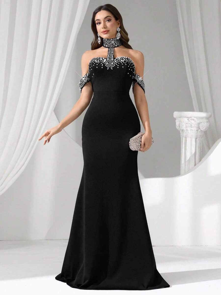 SHEIN COUTIVA فستان سهرة أسود طويل أنيق بستايل حورية البحر