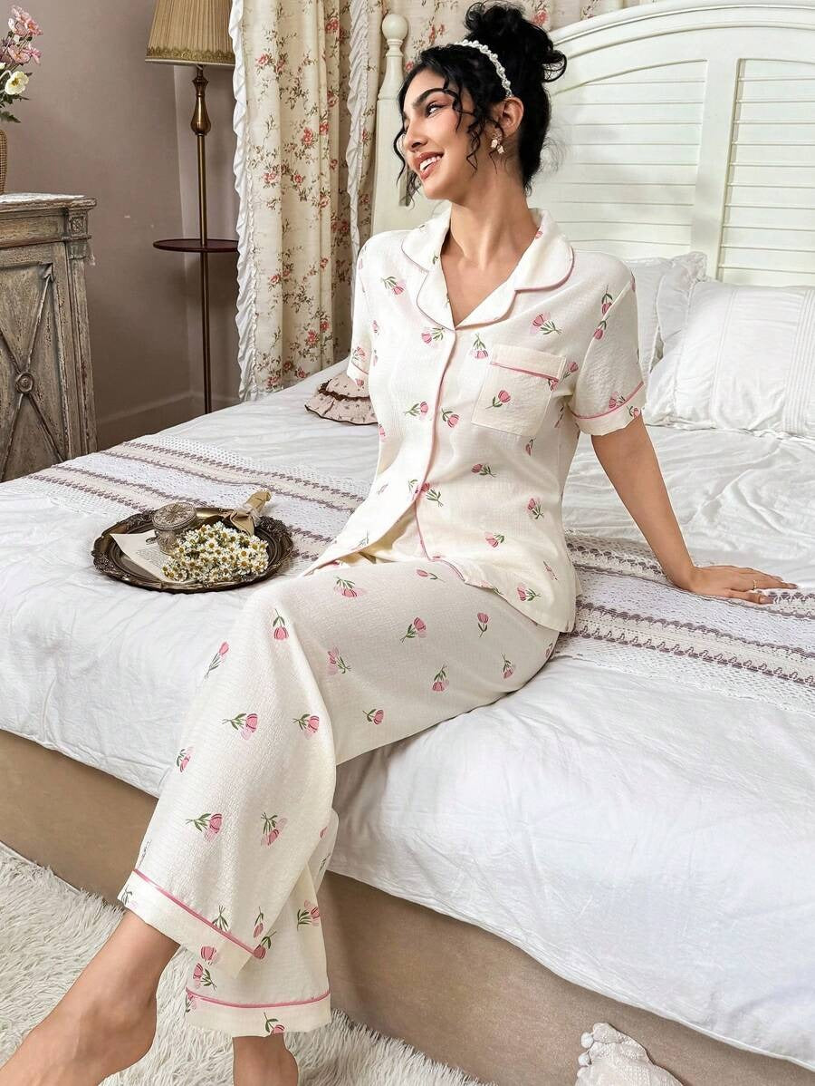SHEIN طقم بيجامة بناتي بنقشة زهور