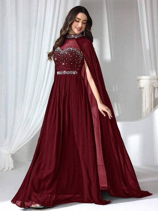 SHEIN Coutiva فستان سهرة ماكسي أنيق مزين بالراين والخرز بلون أحمر