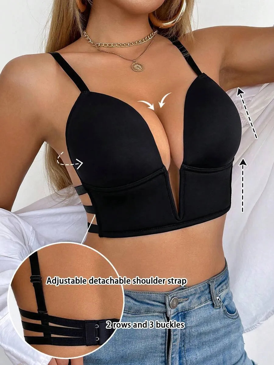 SHEIN بوستيه نسائي برقبة عميقة وظهر مكشوف وحشوة بلون أسود