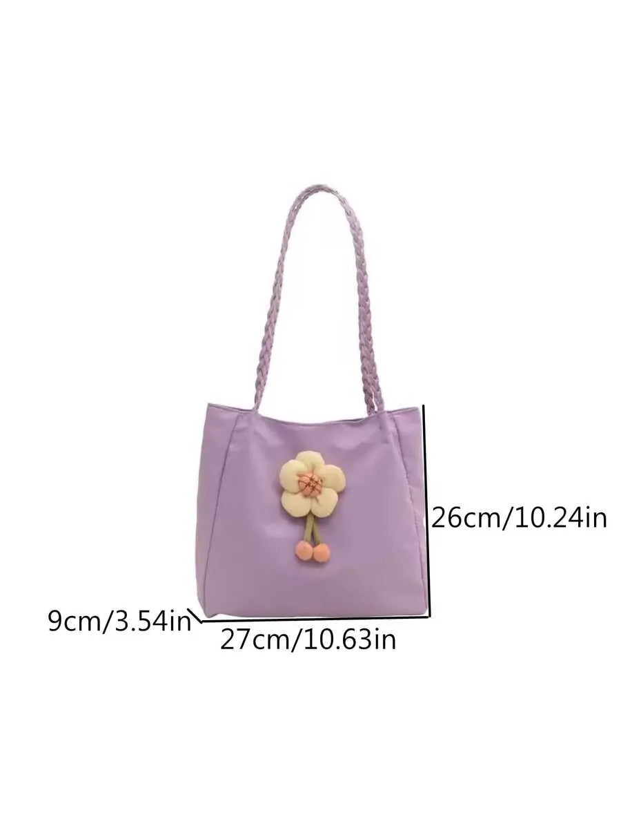 SHEIN حقيبة كتف محبوكة بلون موحد مزينة بزهور لطيفة ووشاح