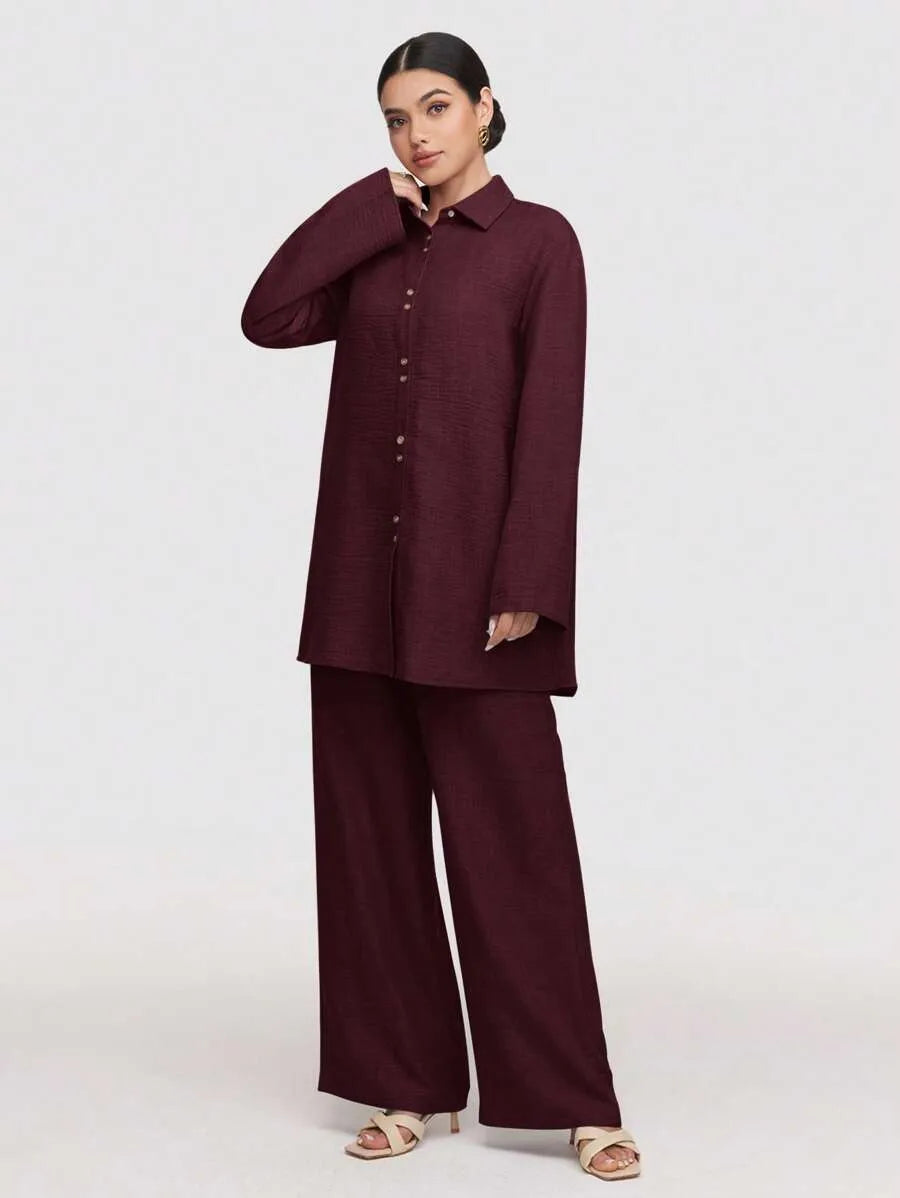 SHEIN Veilorie طقم نسائي قطعتين بلوزة بياقة قميص وبنطال طويل بلون عنابي