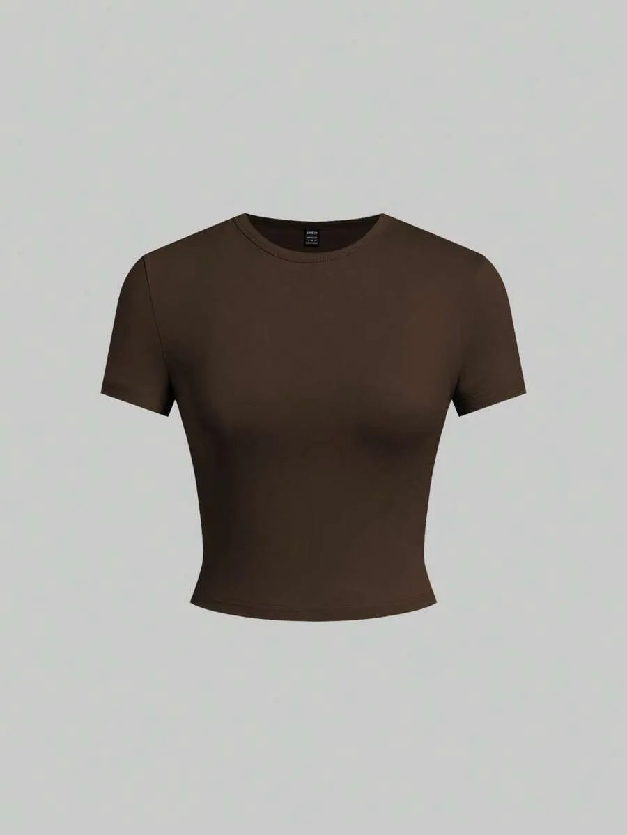 SHEIN EZwear مجموعة 5 قطع تي شيرت نسائي بأكمام قصيرة وياقة دائرية بلون بني