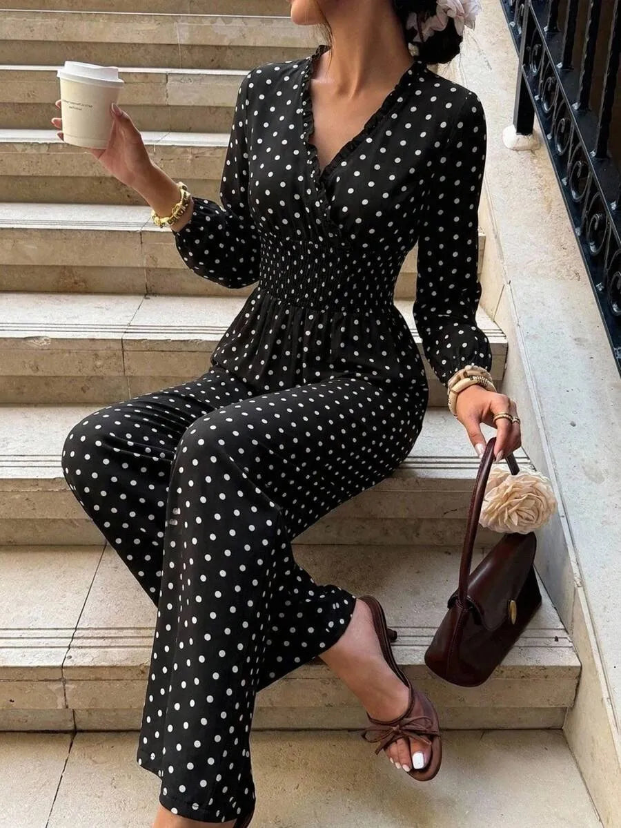 SHEIN Frenchy جمبسوت نسائي بنقشة بولكا دوت وياقة وأكمام طويلة بلون الأسود