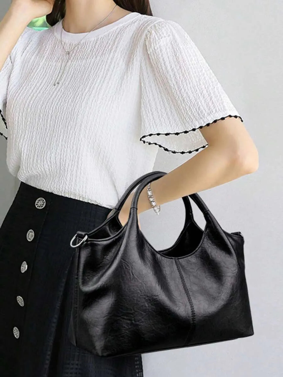 SHEIN حقيبة يد وكتف نسائية أسود أنيقة عتيقة كبيرة السعة بتصميم بسيط
