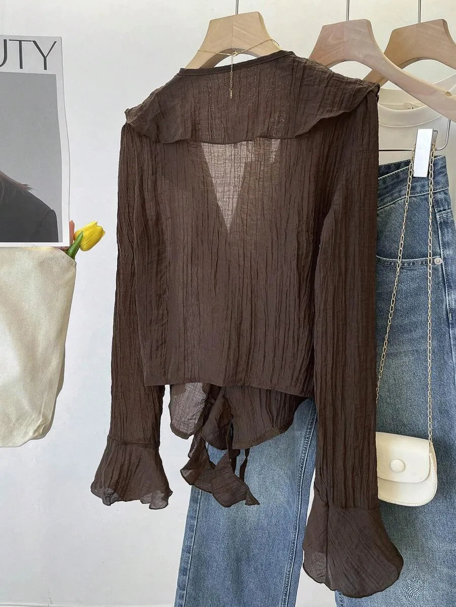 SHEIN NostaNoir بلوزة نسائية بياقة مكشكشة ورباط أمامي وفتحات أكمام بلون بني قهوة