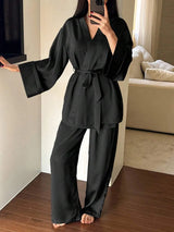 SHEIN DAZY طقم ملابس نوم قطعتين بروب طويل بياقة وحزام وبنطال طويل بلون أسود